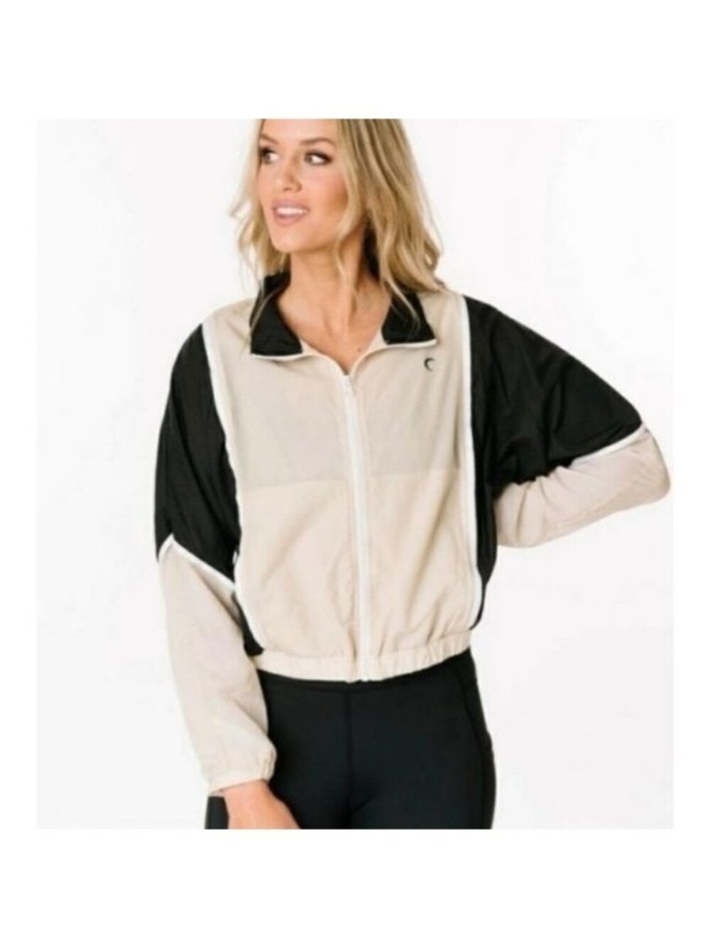 New Zyia Black and Tan Block Zipper Jacket Women's Size L Athleisure Activewear